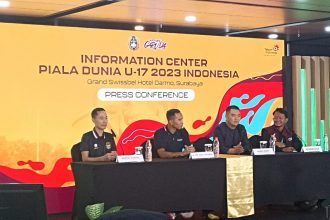 Direktur Marketing PSSI Marshal Irwan Masita, membicarakan soal genangan yang terjadi di Jakarta International Stadium (JIS), Jakarta Utara, saat Piala Dunia U17 2023.